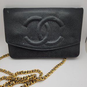 CA 1990's Authentic Black Caviar Timeless Chanel Wallet on Chain (WOC)